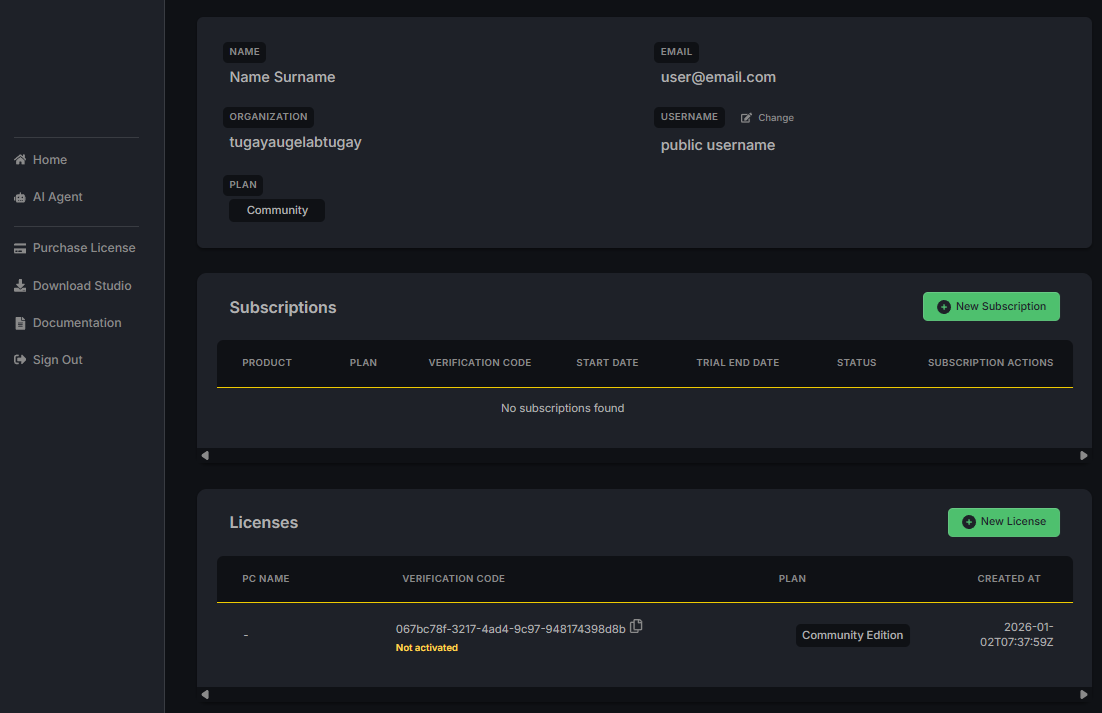 AugeLab account management page